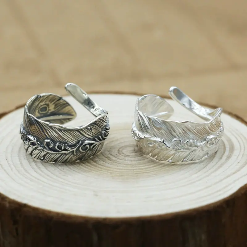 Adjustable Feather Silver Ring