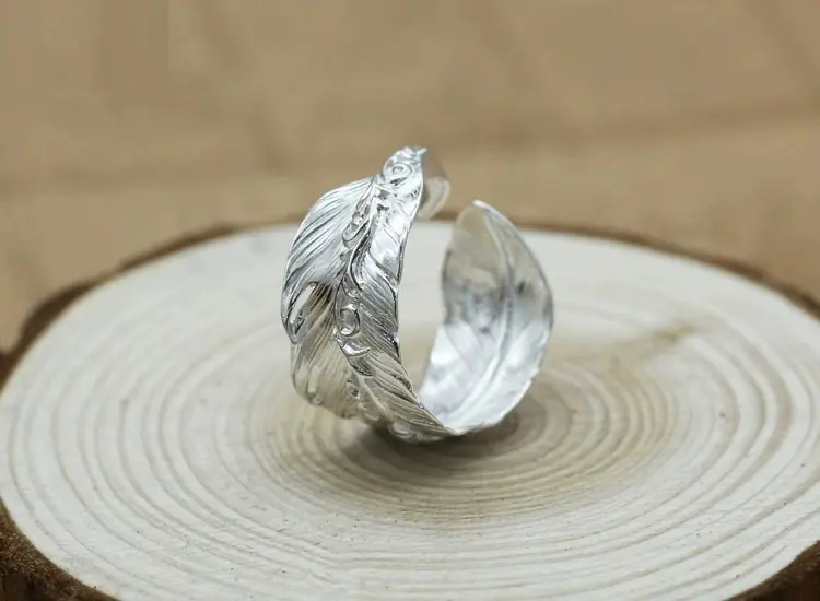 Adjustable Feather Silver Ring