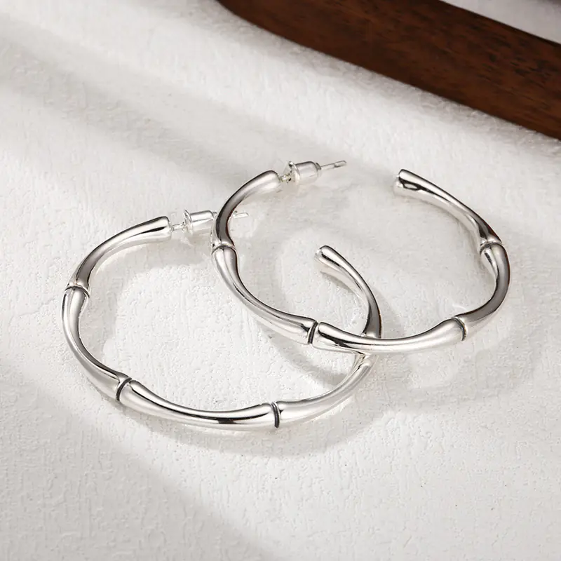 Silver Hoop Earring Bamboo Shape